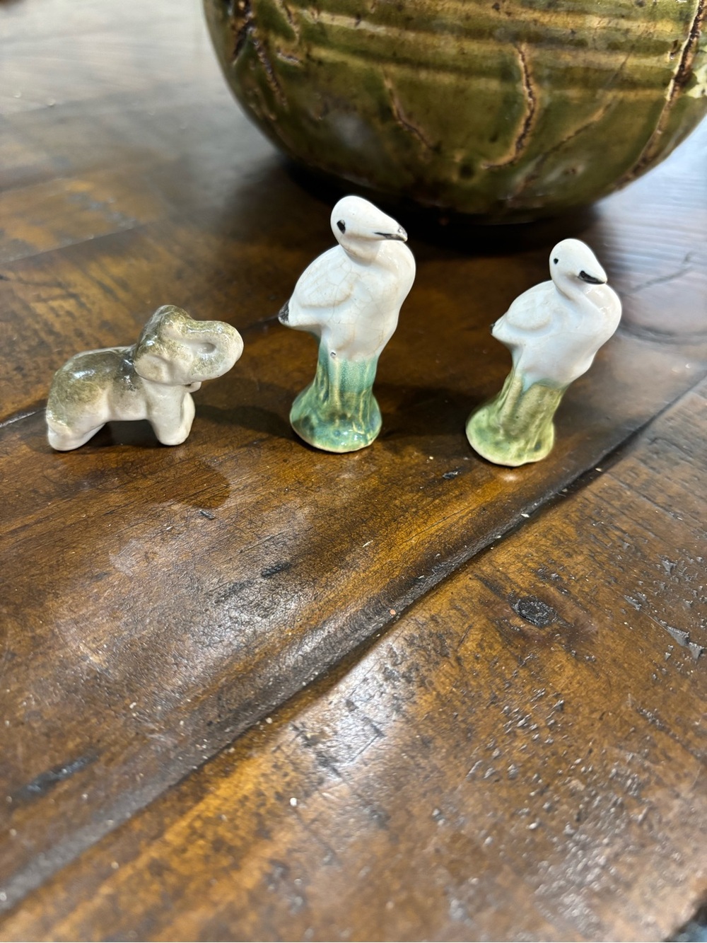 Vintage Miniature Ceramic Bird & Elephant Figurines - White and Green